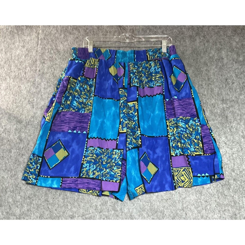 Vintage Shorts Womens L Multicolor Patchwork Bermuda Rayon Elastic Waist 32x8